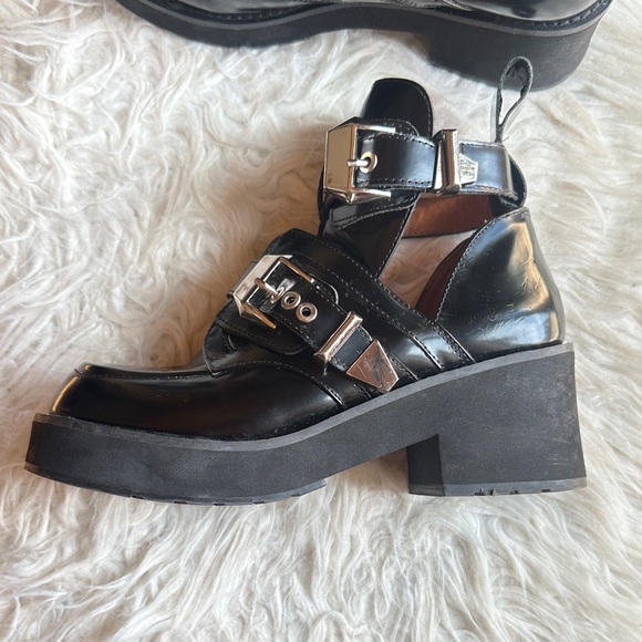 90s style super chunky cut out Jeffrey Campbell black leather buckle loafers 38 - Picture 3 of 6